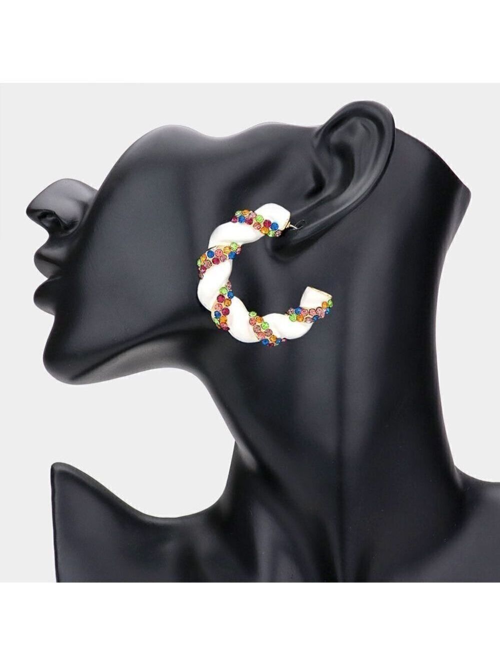 NEW Multicolor Rhinestone Embellished Braided White Hoop Earrings